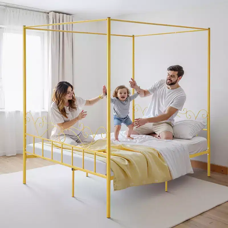 VEVOR Queen Size Canopy Bed Frame, Metal Canopy Bed with Minimalist Headboard & Four Posters Design, Heavy Duty Steel Slats Support, Gold