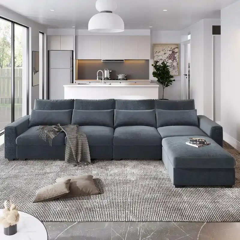 Modern Convertible Large L-shaped Feather Filled Sectional Sofa with Reversible Chaise - 129.9W x 72D x 31.5H
