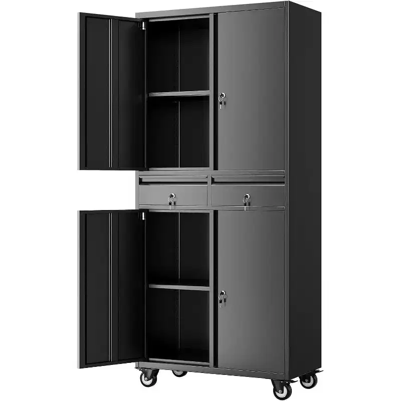 73-Inch Metal Storage Cabinet with Drawers, Locking Doors, and Wheels