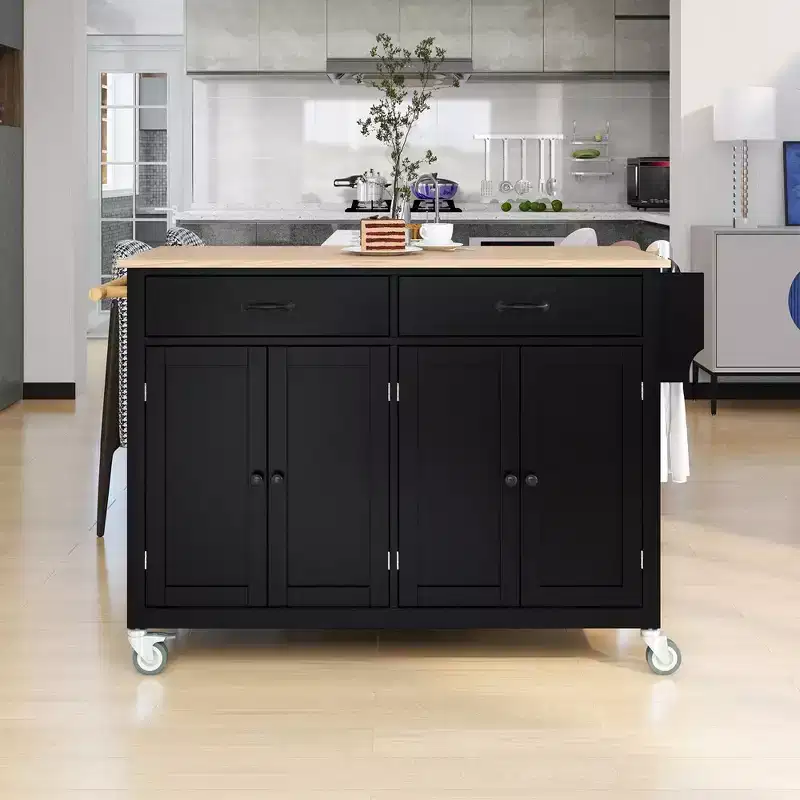 Mobile Kitchen Island Cart, Rolling Kitchen Island With 2 Drawers, 4 Doors Cabinet, Kitchen Island on Wheels for Hotel Kitchen Dinning Room
