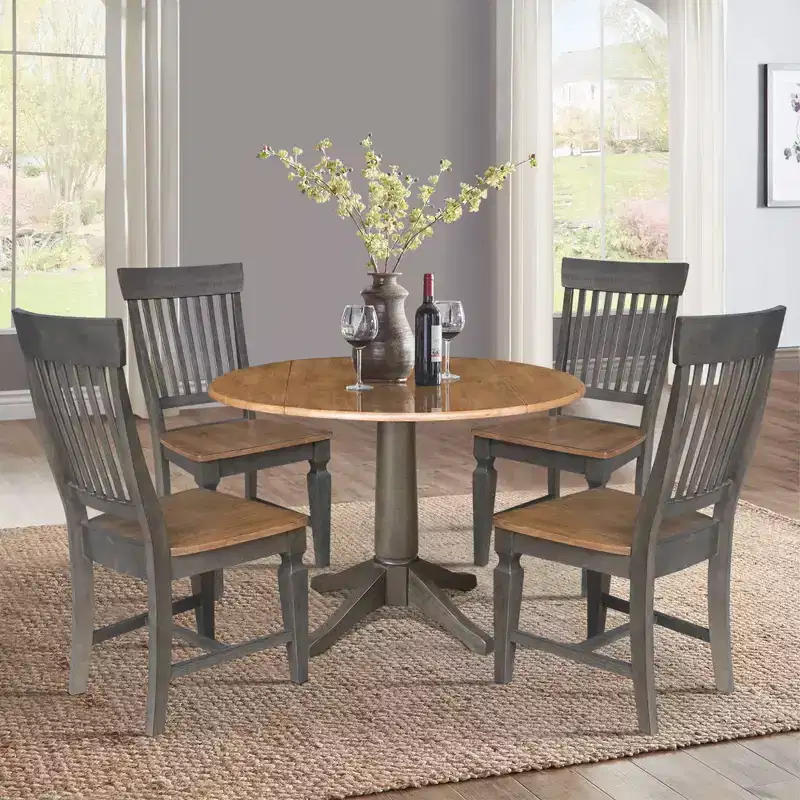 42" Round Dual Drop Leaf Dining Table with 4 Slat Back Chairs Hickory/Washed Coal - International Concepts