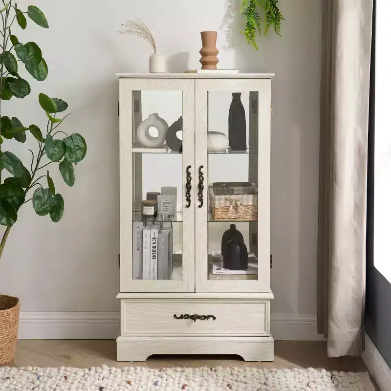 Glass Curio Display Cabinet with Light, Adjustable Shelves, and Vintage Drawer for Home Decor