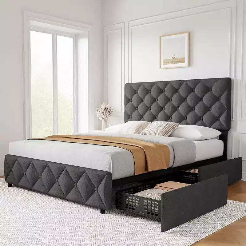 Linen Upholstered Platform Bed Frame With 4 Storage Drawers And Headboard, Diamond Stitched Button Tufted, Gray