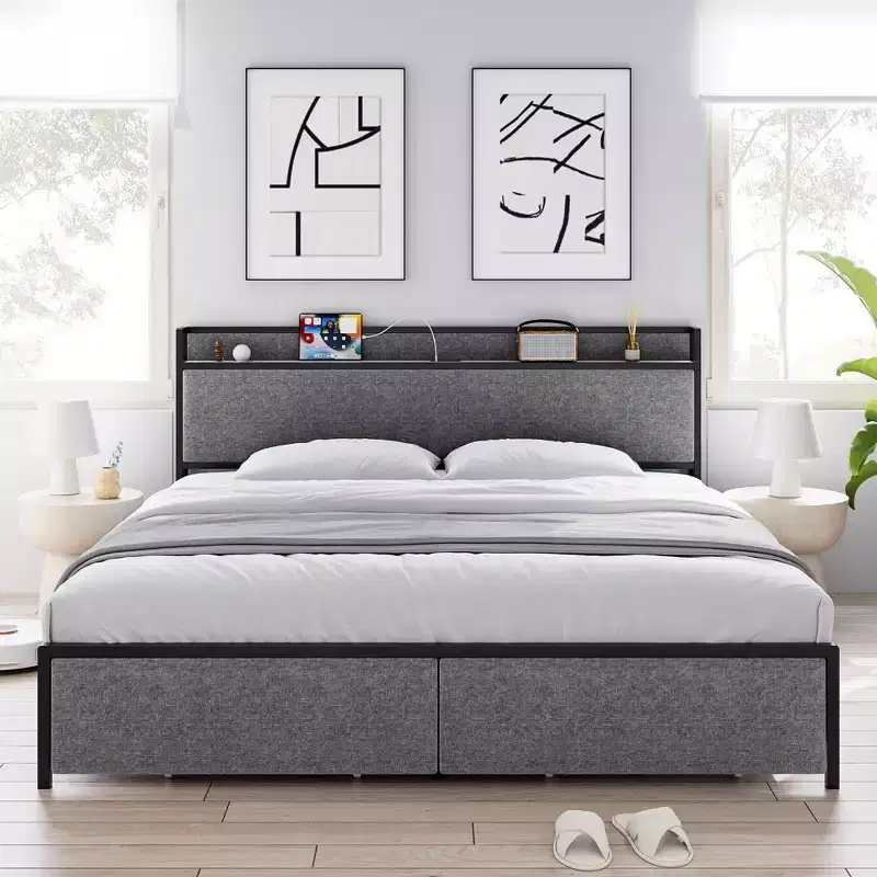 Bed Frame with Drawers, Platform Bed Frame with Storage & Charging Station Headboard, No Box Spring Needed, Easy Assembly, Noise Free, Gray