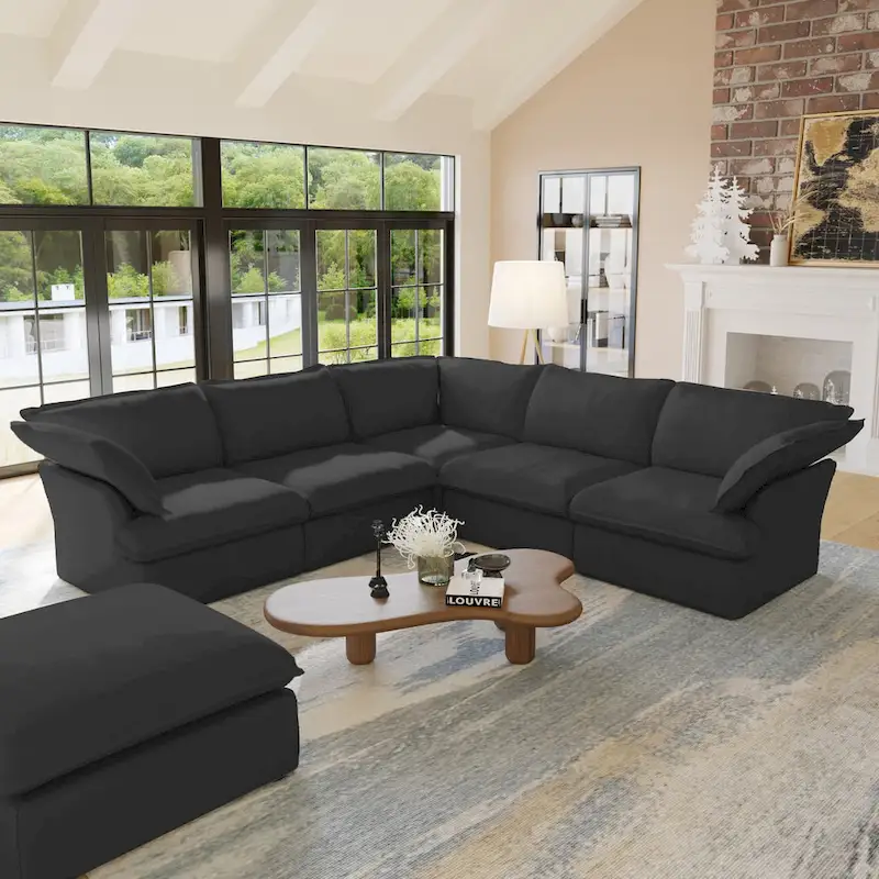 L-shape Linen Sofa Modern Upholstered Sectional Sofa with Ottoman