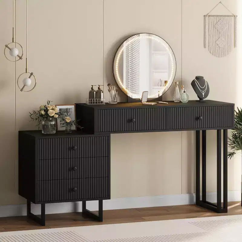 Vanity Desk with Mirror, Makeup Vanity with 5 Drawers, 3 Color LightsAdjustable Brightness