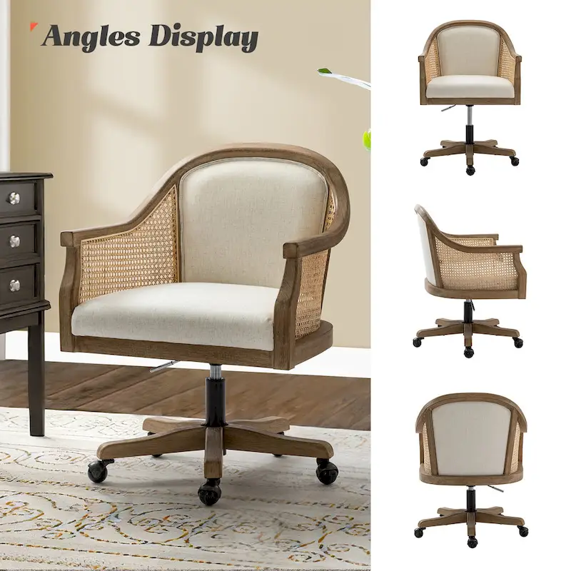 Danilo Farmhouse 360 Degree Swivel Height Adjustable Rattan Desk Chair with RubberWood by HULALA HOME