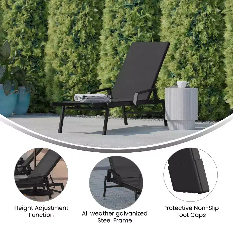 Emma and Oliver Textilene Adjustable 5 Position Patio Chaise Lounge with Armrests and Metal Frame
