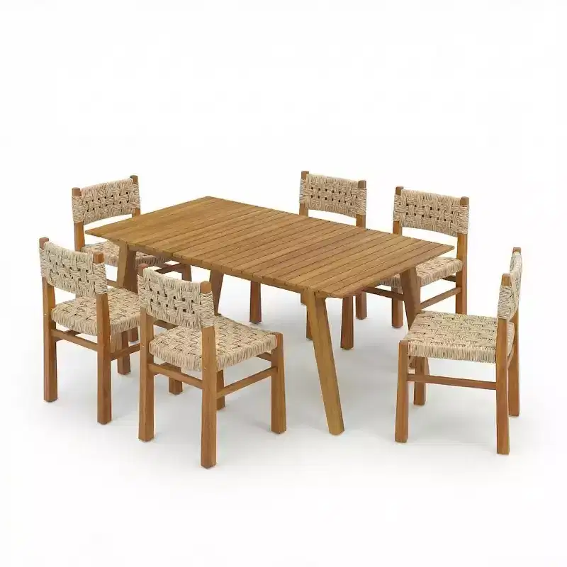 Christopher Knight Home Justin 7 Piece Farmhouse Outdoor Acacia Wood Wicker Dining Chairs with Slatted Table