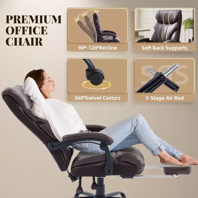 Big and Tall Office Chair, 500 lb Capacity, Reclining Executive Chair with Footrest, Ergonomic Leather Desk Chair, Coffee