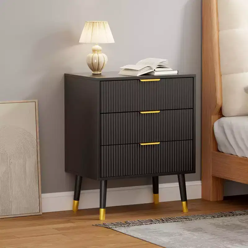 3 Drawer Sideboard, 2pcs Fluted Storage Cabinet with Metal Handles & Slides, Buffet Table for Living Room Hallway Kitchen, Black