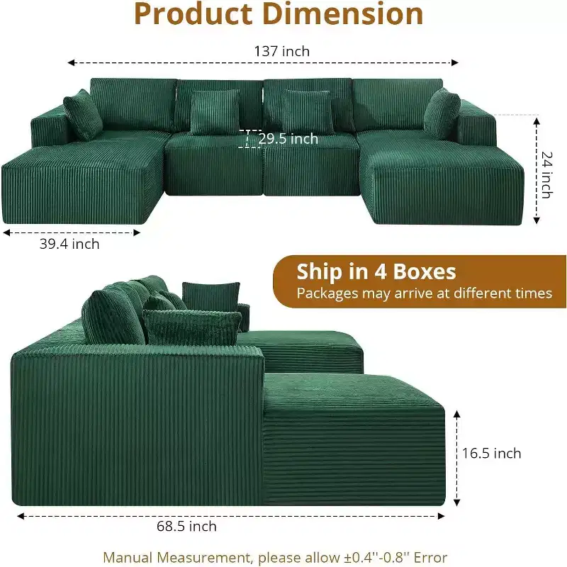 Acekool Ultra Soft Corduroy Sectional Sofa, 137 U-Shape | No-Assembly Modular Design w/ 2 Chaise Lounges | Convertible Sleeper