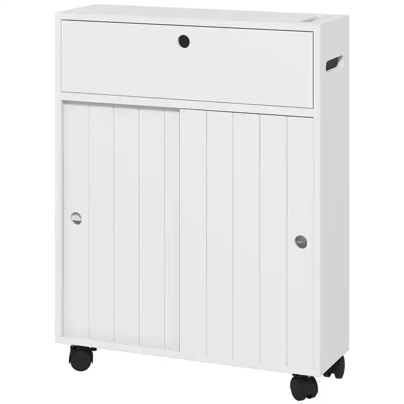 Small Bathroom Storage Cabinet on Wheels, Slim Toilet Paper Cabinet with 2 Holes, Sliding Doors and Adjustable Shelf, White