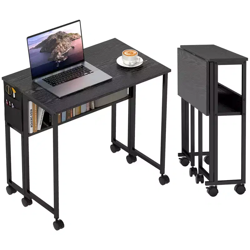 HOMCOM Small Folding Desk, 31.5 Foldable Computer Desk with Storage Bag, Shelf and Wheels for Small Spaces, Home Office, Easy Assembly