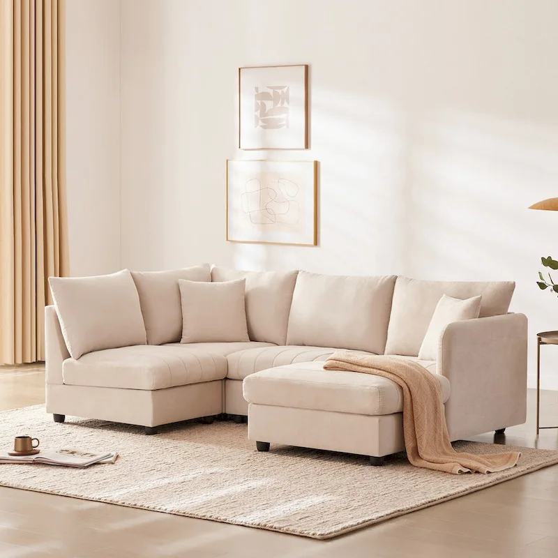 Modern L-Shape Sectional Sofa with Vertical Stripes,2 Pillows,Ottoman,Various Combinations,Beige