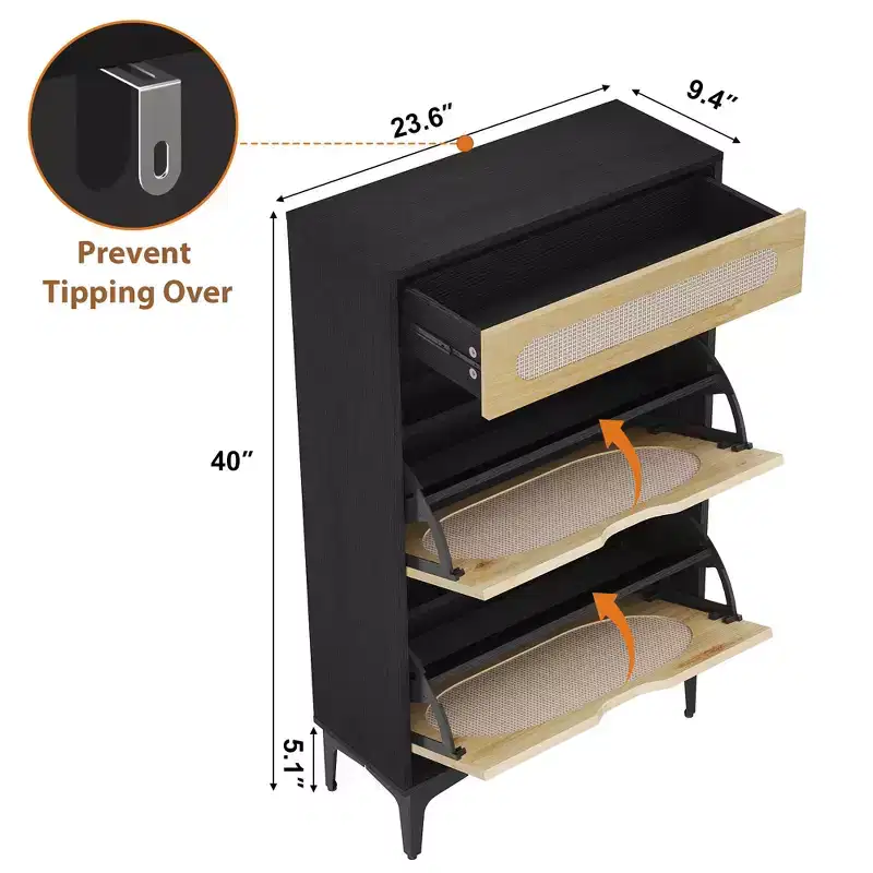 Rattan Shoe Cabinet, Shoe Organizer with 2 Flip Drawers & 1 Drawer, Hidden Slim Shoe Sotrage for Front Door Entrance
