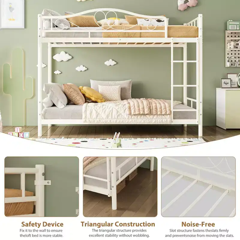 Bunk Bed Twin over Twin, Metal Bunk Bed with Safety Guardrail & Ladder, 400 LBS Weight Capacity, Space-Saving, No Box Spring Needed, Easy Assembly