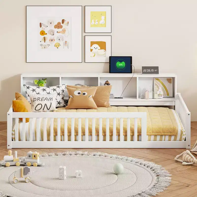 Kids Montessori Floor Bed with Bookcase,Twin XL Size Floor Bed with Charging Station,Floor Bed Frame with Guardrails for Kids, White