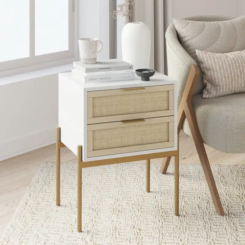 Rattan End Side Table Storage Doors Gold Accents