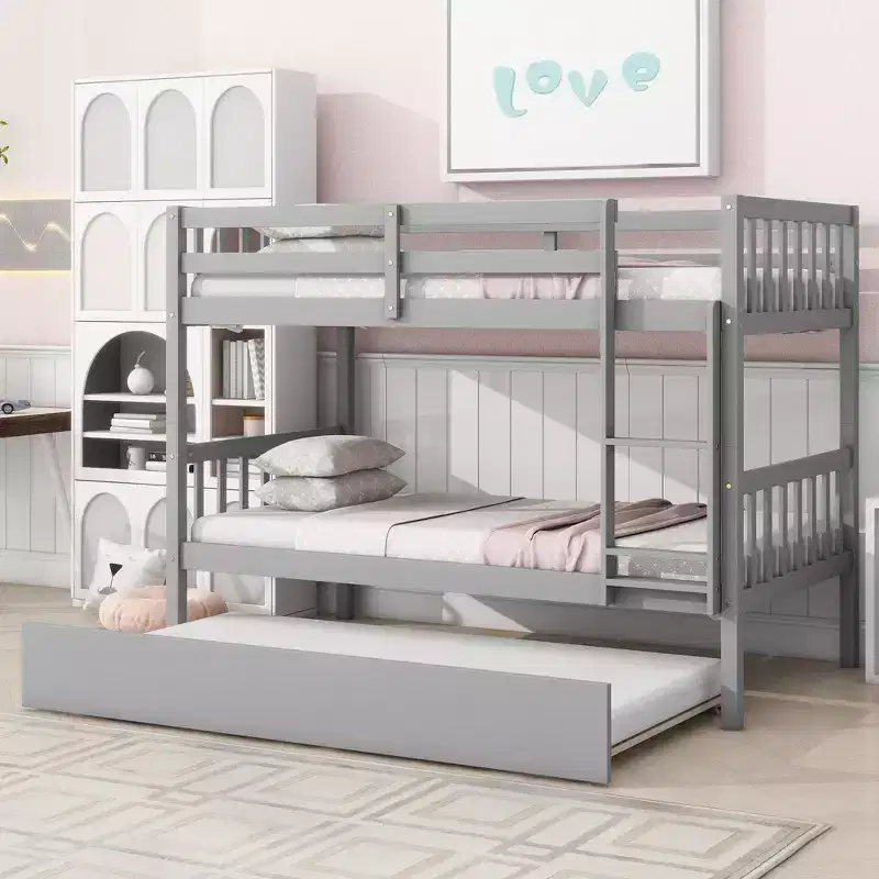 MAYEERTY Twin Rubber Wood Bunk Bed with Trundle Twin Bunk Bed with Ladder and Safety Guardrails Gray