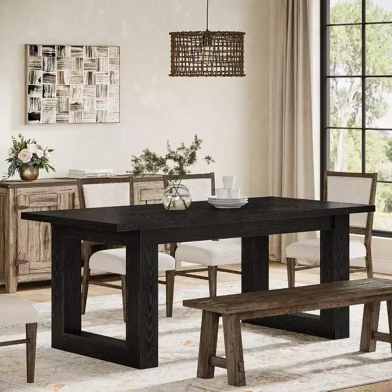 Farmhouse Dining Table for 4-6 People, 63-Inch Wood Kitchen Table, Rectangular Dinner Table for Dining Room, Living Room, Kitchen