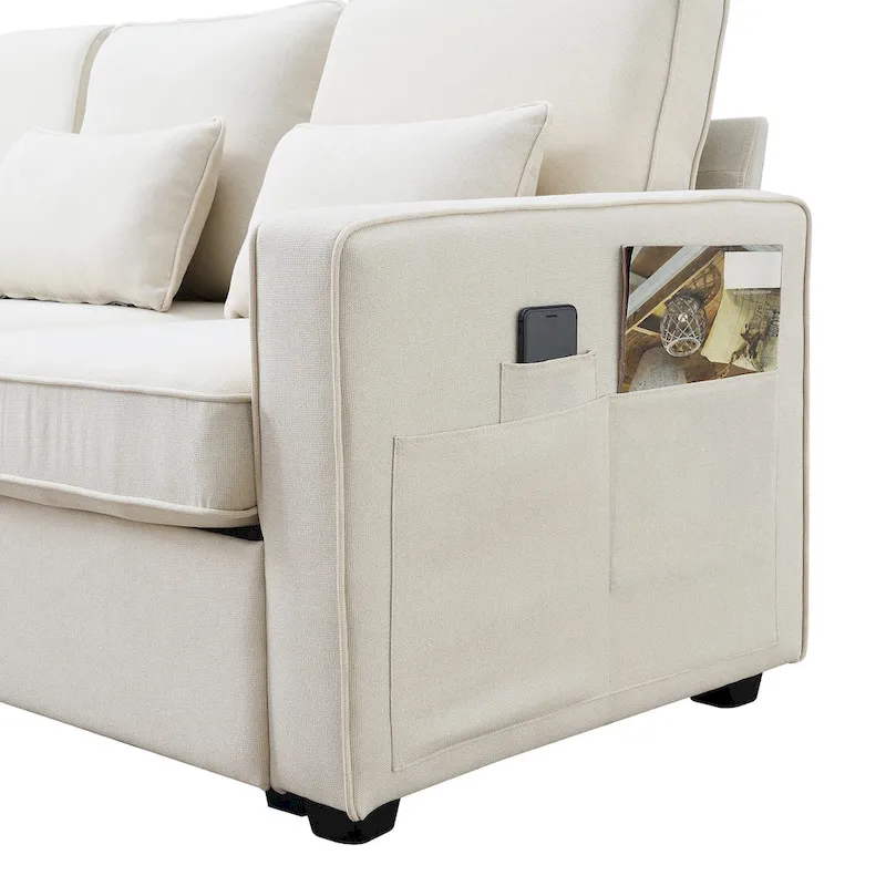 Modern Linen Fabric Upholstered Sofa with Console, 4Pillows,Cupholders,USB