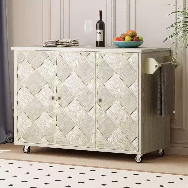ASH Veneer Handwoven Rolling Kitchen Island with Drop Leaf & Internal Storage Rack
