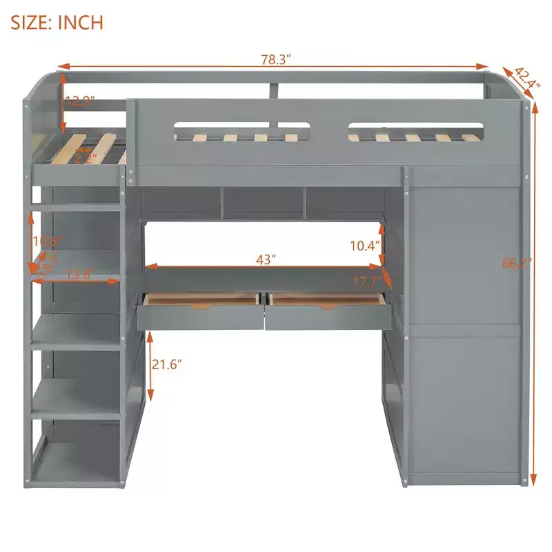 Loft Bed with Desk and Wardrobe, WoodenLoft Bed with Drawers and 4 Shelves for Kids Teens Adults