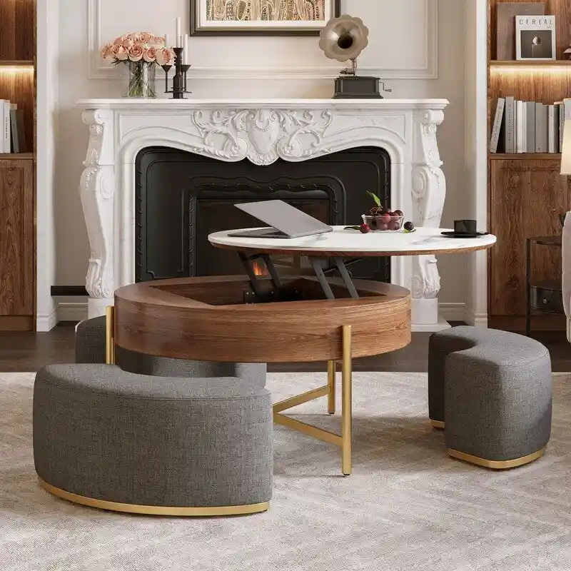 Lift-Top Coffee Table with Storage & 3 Ottomans