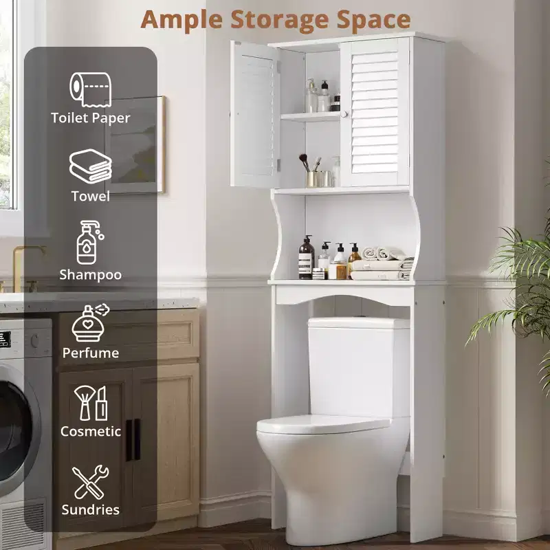Space-Saving Over The Toilet Storage Cabinet  3-Tier Freestanding Bathroom Organizer with Adjustable Shelf, Double Doors, Hooks, Anti-Tip Safety