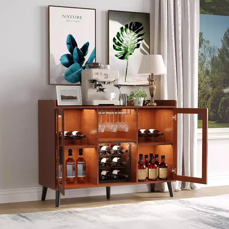 47 Coffee & Wine Bar Cabinet with Glass Door, 4-Tier Wood Sideboard for Living Room and Kitchen