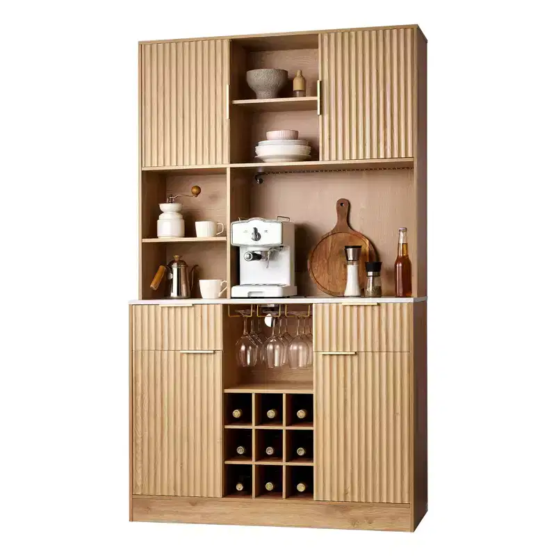 VEVOR Wine Cabinet, Coffee Bar Cabinet with 9 Wine Bottle Racks, Modern Buffet Sideboard with Glass Holder, LED Light, Charging Station, Natural