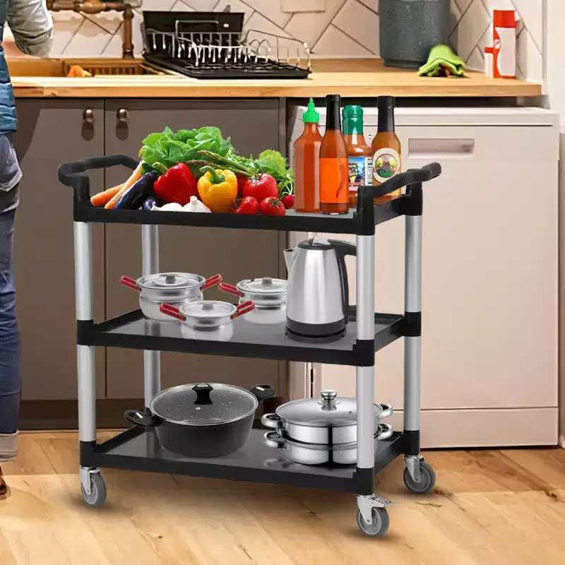 Utility Service Cart with Brake Wheel, 3 Shelf 360LBS Heavy Duty Capacity Rolling Service Cart with 360 Swivel Wheels, Food Cart for Restaurant