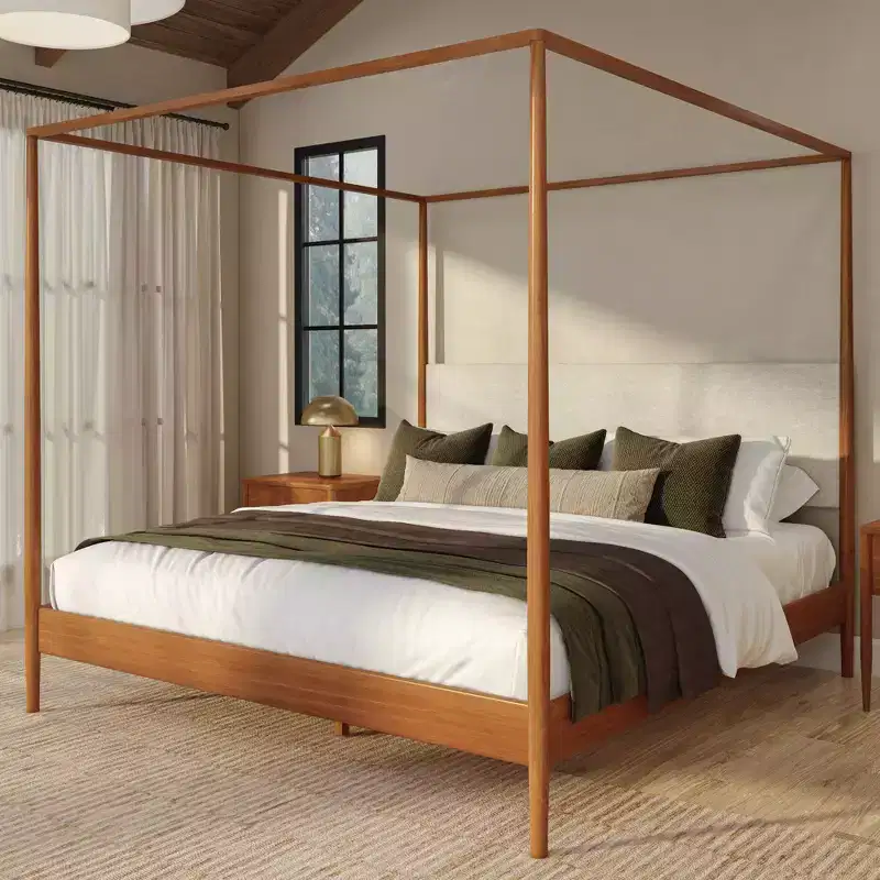 King Canopy Bed with Upholstered Headboard and Wood Slat System