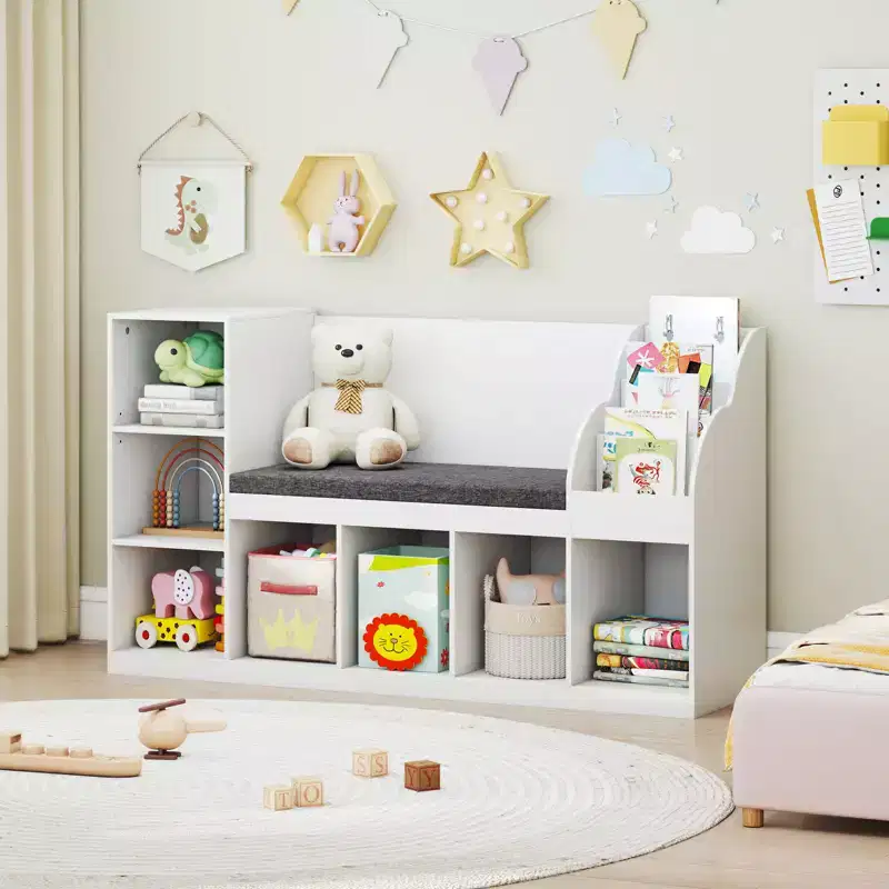 Costway Wooden Kids Bookshelf w/Reading Nook Padded Seat Open Cubes Adjustable Shelf