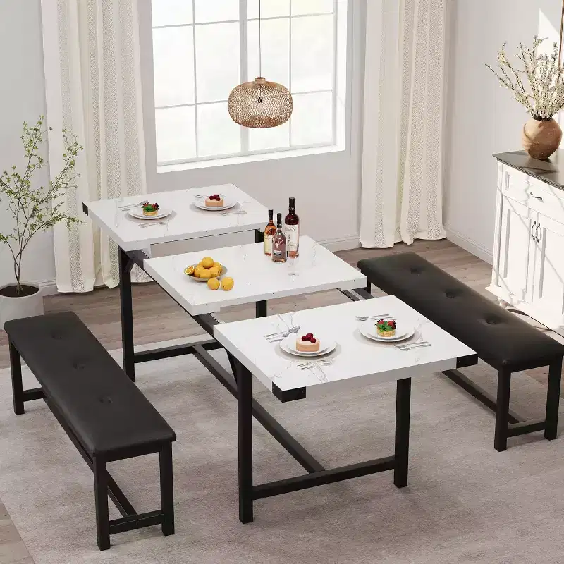 Farmhouse Extendable Dining Table Set for 4/ 6, Large Dining Table Set with Two Upholstered Benches, for Home, Dining room White Marble