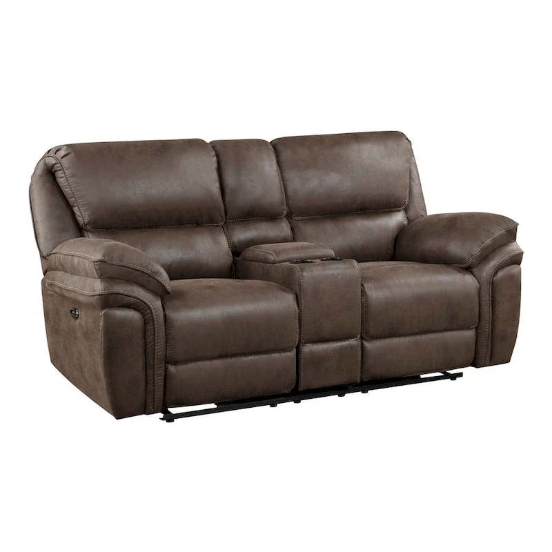 Brown Microfiber Power Double Recliner Loveseat with USB & Console for 2 Person