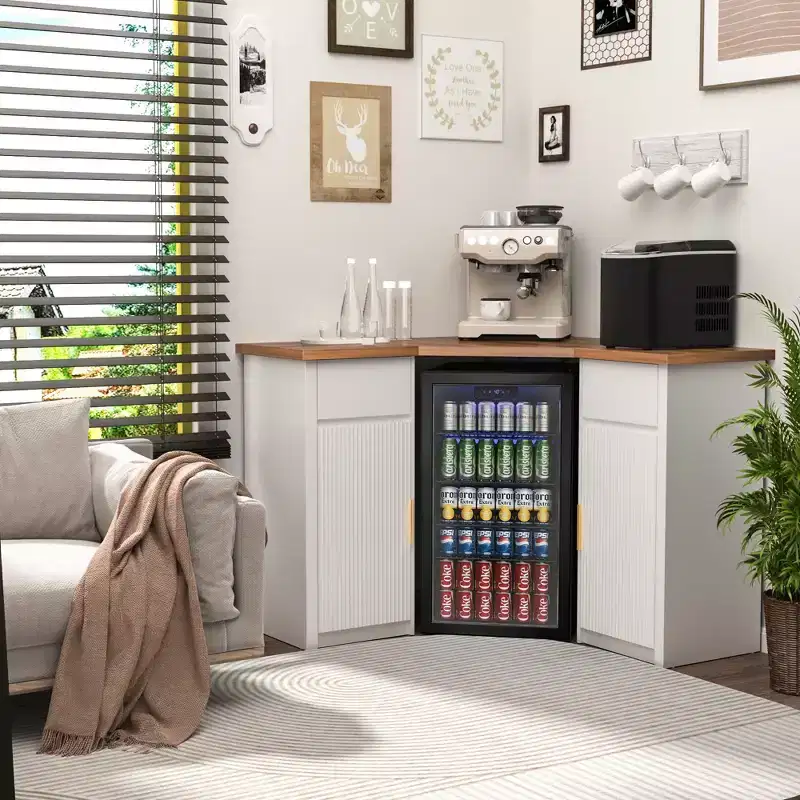 Corner Bar Cabinet with Fridge Space, Corner Coffee Bar Station for Home