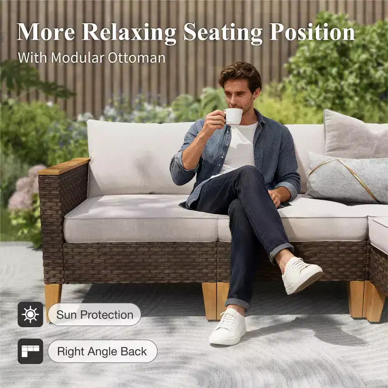 Captiva Designs 7pc Wicker Outdoor Patio Rattan Sectional Conversation Set with Cushioned Ottoman