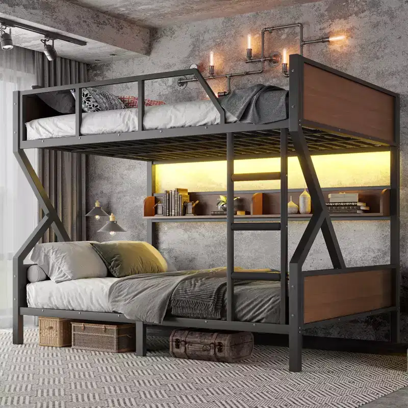Queen over Queen Metal Bunk Bed with Storage Shelves & LED Light, Heavy-Duty Bunk Bed Frame with Guardrails & Ladder, Noise-Free, Black
