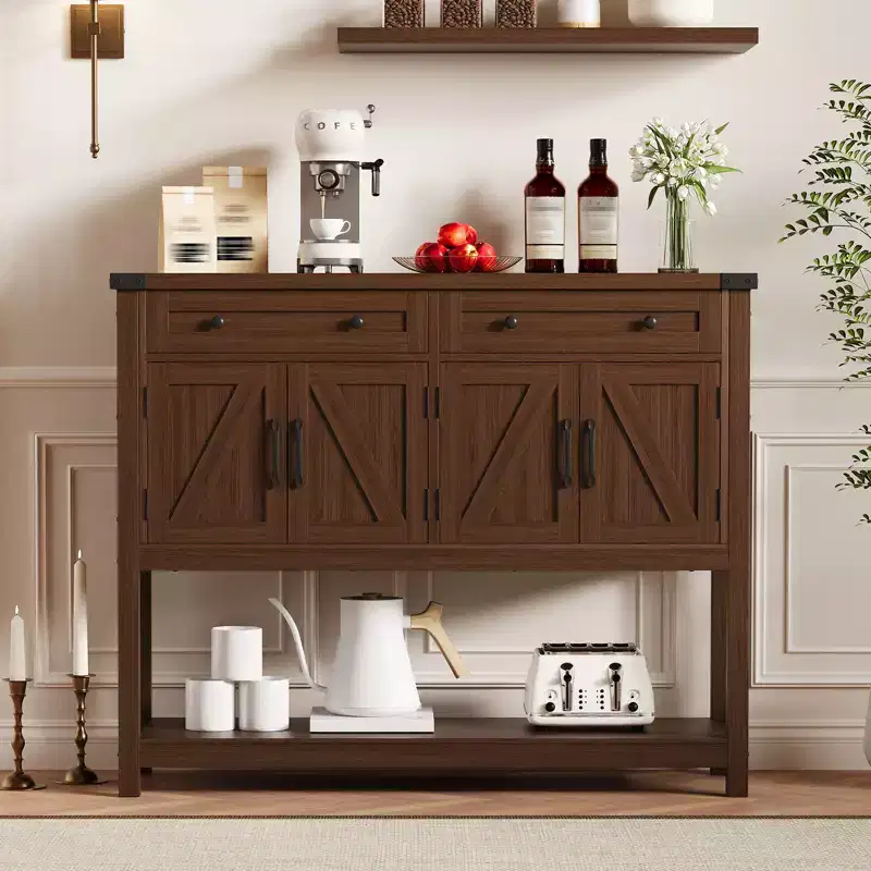 Rustic-style entryway table with 2 drawers, 4 doors, and open shelvinga narrow sideboard perfect for kitchens, hallways, or living rooms.