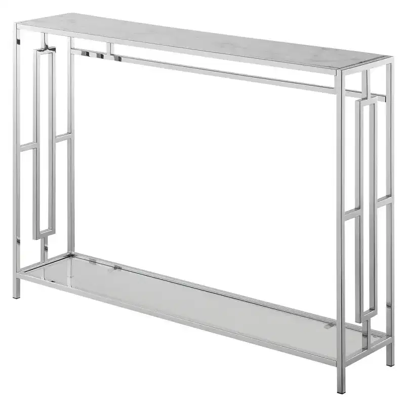Chrome Console Table with Shelf, White Faux Marble/Chrome Frame