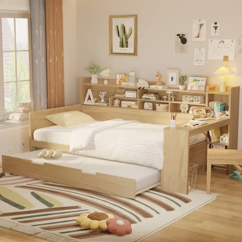 Twin/Full Size Multifunctional Daybed with Storage Shelves and Desk, Wooden Platform Bed Frame with Twin Size Trundle