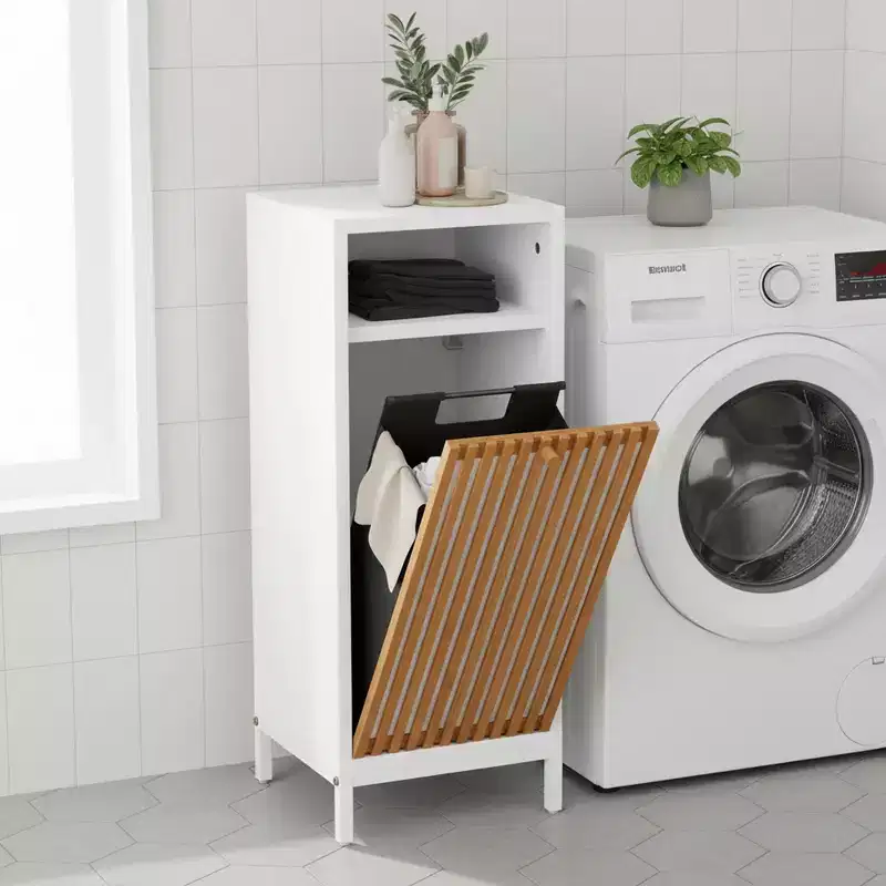 Homy Casa Bathroom Side Cabinet with Bamboo Front & Built-In Hamper, White