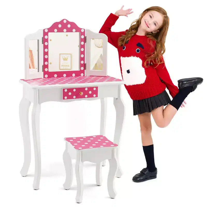 Costway Kid Vanity Set Wooden Makeup Table Stool Tri-Folding Mirror Polka Dot Print Pink