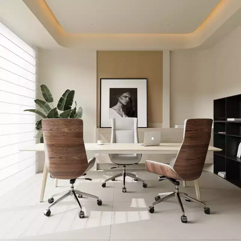 Tree City- High Back Executive Office Chair with Walnut Bent Wood Back and Faux Leather Seat  Swivel & Rolling Base