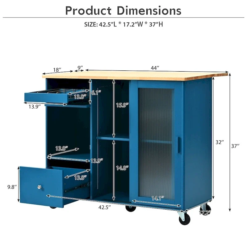LED Light Kitchen Cart with Drop Leaf and Adjustable Shelf