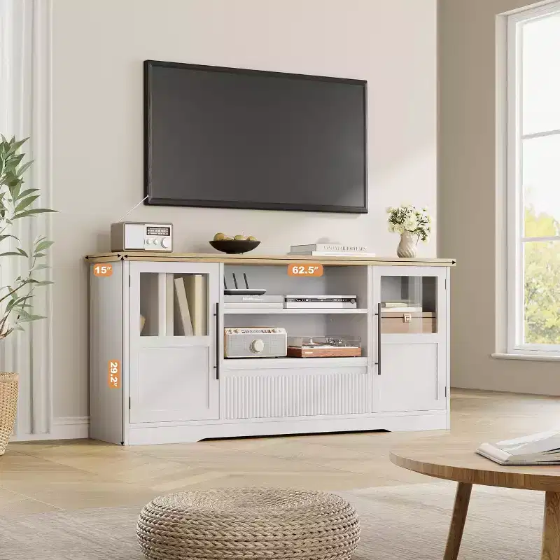 CuisinSmart Retro TV Stand Up To 75'' TVs, Farmhouse Media Console TV Cabinet with 2 Glass Doors&Open Shelves, for Living Room Bedroon