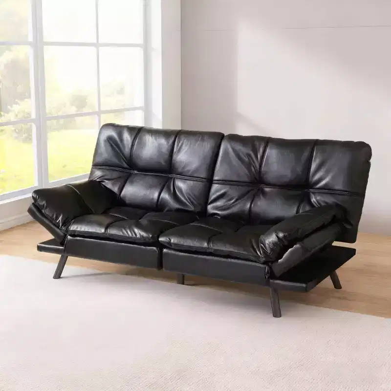 Black Faux Leather Sofa Bed with Memory Foam, Adjustable Backrest & Armrests, Multifunctional Small Loveseat Sleeper Sofa