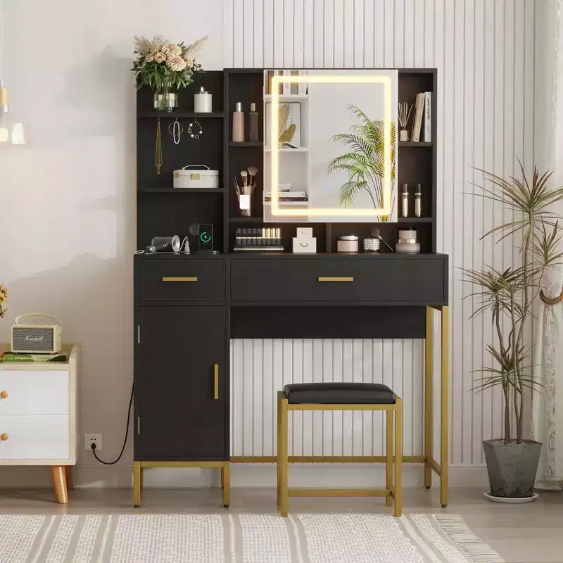 Makeup Vanity Desk with Mirror and Lights, Makeup Vanity Table with Drawers, Open Shelves, Cabinets, Dressing Table with Cushioned Stool for Bedroom